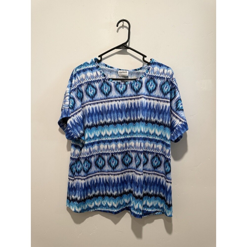 Bon Worth Short Sleeve Blue and White Ikat Pattern Blouse Size MP